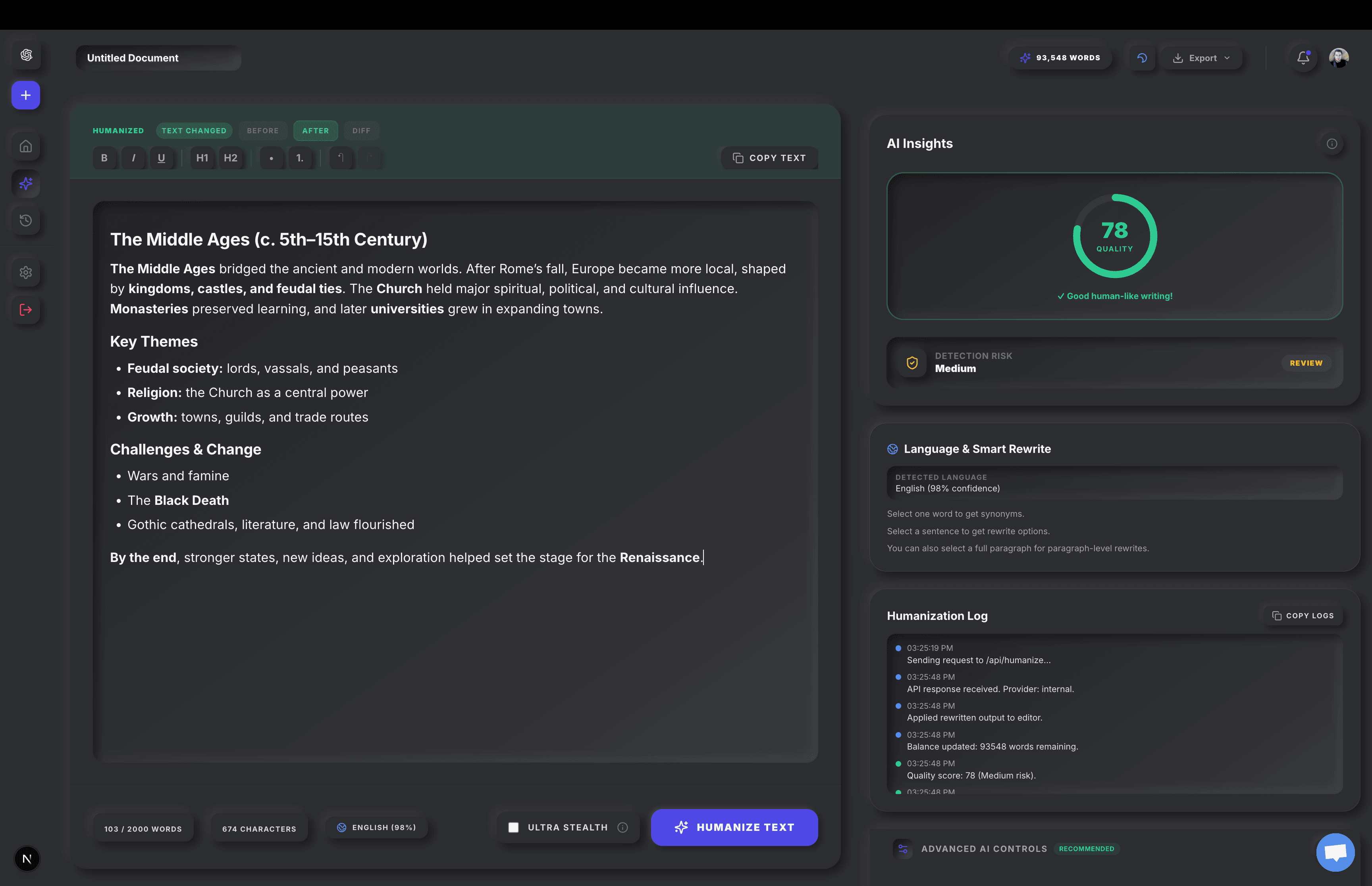 Humanization result with AI detector quality score